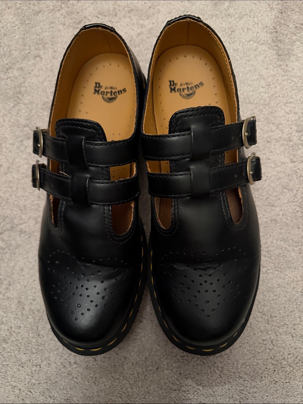 Dr. Martens Women’s Black Double-Buckle Mary Jane Shoes with Yellow Stitching - Picture 3 of 8
